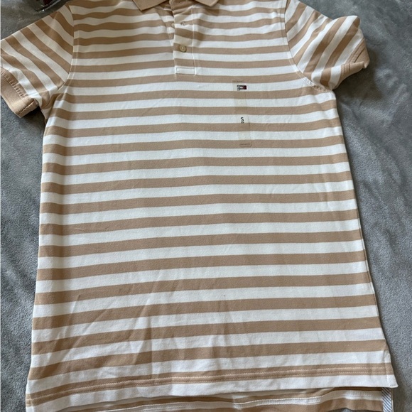 Tommy Hilfiger Tan and White Striped Polo Shirt - Picture 1 of 3